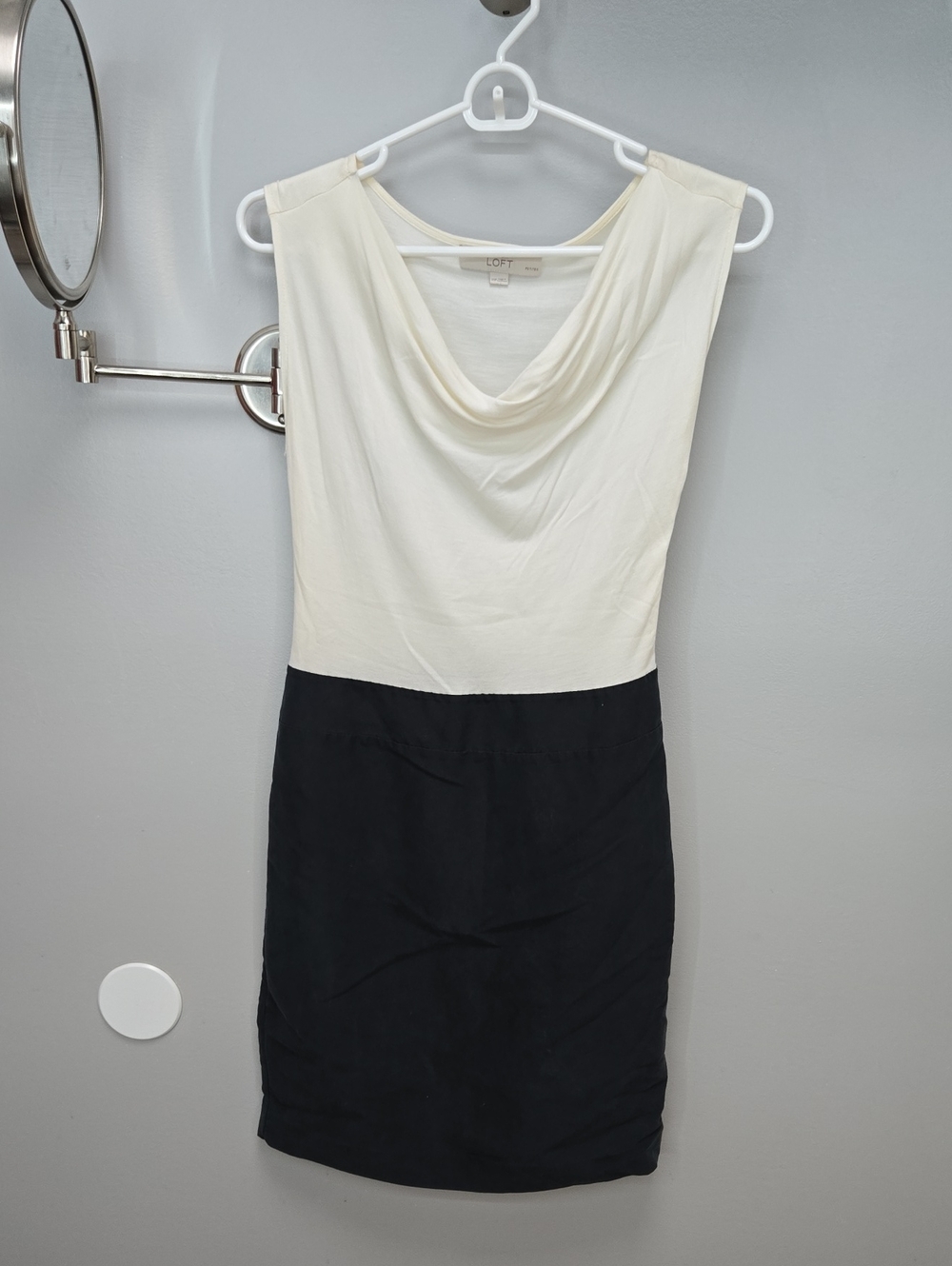LOFT Ivory and Black Cowl-Neck Sheath Midi Dress